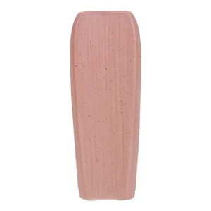 Retro pink speckled ceramic flower vase with vertical ridges for minimalist home decor