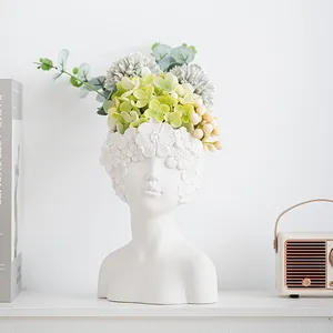 Minimalist white human bust ceramic vase with decorative floral head sculpture