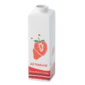 Moderne witte keramische vaas in de vorm van een melkpak met aardbeienontwerp