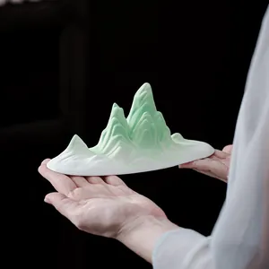 Zen ceramic mountain landscape ornament with green gradient for home decor and zen style.