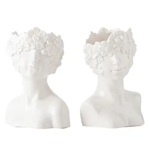 Nordic creative white ceramic human bust vase with flower crown for modern home decor