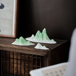 Set of three Zen-style ceramic green mountain ornaments for home and aquarium desk decor
