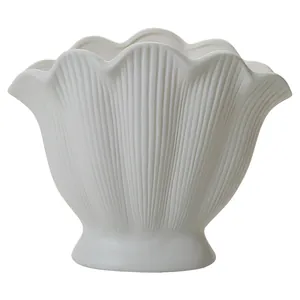 Scalloped shell-textured white ceramic decorative flower vase