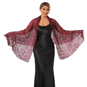 Close-up of elegant burgundy floral lace shawl perfect for evening gowns and parties