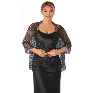 Elegant black sequined lace shawl detail for formal evening dress