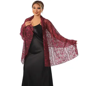 Elegant burgundy lace shawl with sparkling rhinestones for evening dresses or parties.