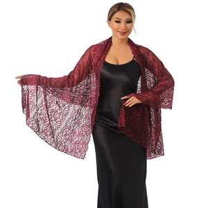 Elegant maroon floral lace shawl with rhinestone accents for formal evening party dress