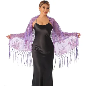 Detailed view of elegant purple sequined shawl with tassels for evening wear