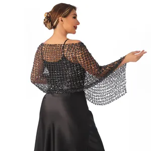 Back view of black sequin star shawl on model, perfect for elegant evening party attire