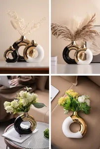 Lifestyle views of modern donut ceramic vases with electroplated gold finish for home decor