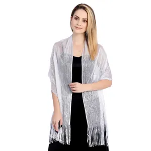 Elegant silver metallic shawl with fringe detail for wedding parties and evening gowns