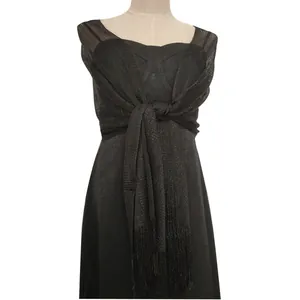 Elegant black metallic thread shawl with delicate fringe details for formal evening dresses