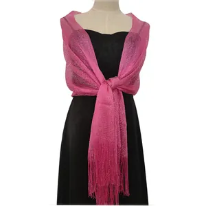 Elegant sparkling pink metallic thread shawl with fringe for bridal evening gown