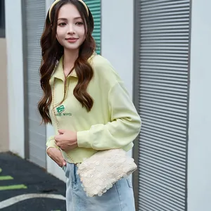 Fashionable cream sequined small square bag with gold chain strap for women