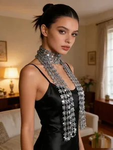 Close-up detail of a glittering silver sequined neck scarf for party fashion events