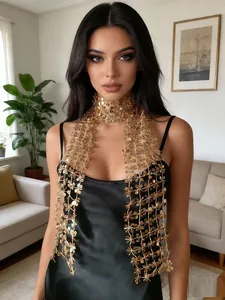 Detailed view of fashionable gold sequin mesh scarf on model