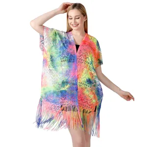 Women Tie Dye Lace Cover Up Summer Beach Bikini Smock Tassel Open Front Cardigan Bohemian Sun Protection Shawl Tops