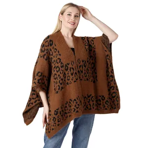 Women Leopard Print Knitted Poncho Cape Open Front Side Slit Shawl Wrap Plush Warm Autumn Winter Fashion Outwear Top