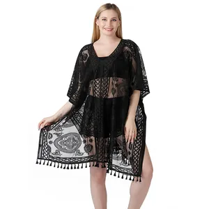 Dames Kant Strand Cover Up V Hals Opengewerkt Kwastjes Bikini Badpak Zonbescherming Vakantie Top