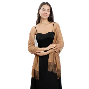 Elegant tan lace evening shawl wrap with fringe for wedding party and formal gown dresses