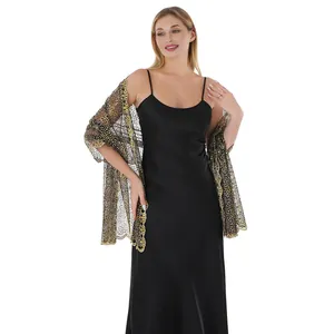 Elegant ethnic style shawl with gold sequin plum blossom embroidery on mesh wrap