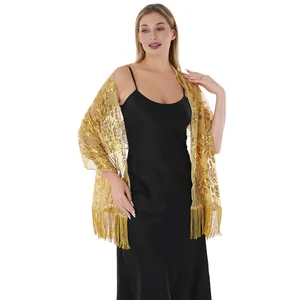 Elegant gold peacock sequin shawl with fringe wrap for evening gowns and banquet dresses