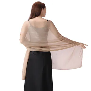 Back view detail of champagne chiffon shawl with silver silk and sparkly rhinestones.