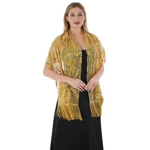 Elegant golden sequin embroidered shawl with peacock tail pattern and fringes for gala.