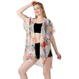 Elegante pareo de playa de gasa floral con mangas de murciélago para el verano moda