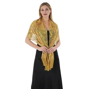 Elegant gold sequin shawl with peacock tail embroidery and tassels for evening dresses