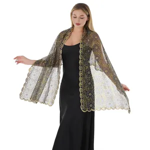 Elegant black lace shawl with golden plum blossom embroidery and sparkling sequins