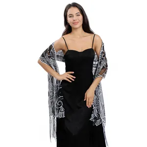 Elegant black sequin embroidered evening shawl with fringe tassels for formal events