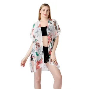 Elegante kimono de playa de gasa floral para mujer con mangas de murciélago y diseño abierto