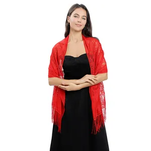 Elegant red lace evening shawl with fringe detail for formal wedding and party wear