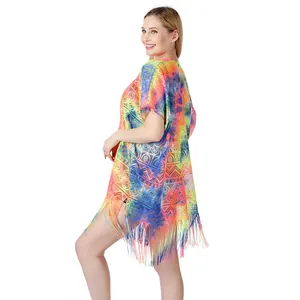 Detailed view of colorful tie-dye lace beach cover-up with vibrant geometric patterns