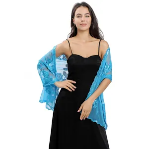 Detail of sky blue sequin peony floral embroidered mesh shawl for evening dress