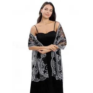 Elegant black sheer shawl with silver sequin embroidery and tassels for evening wear.