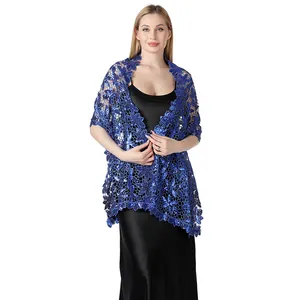 Elegante scialle in pizzo con paillettes blu reale per abiti da sera e cerimonie