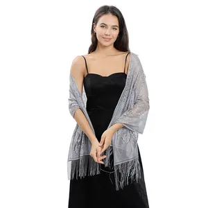 Elegant silver grey lace evening shawl with long fringe wrap for party dresses
