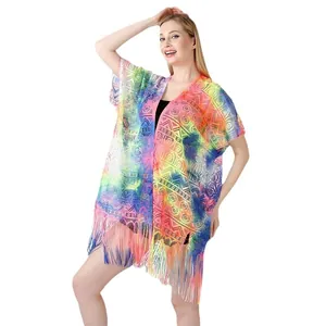 Vibrant tie-dye lace beach bikini cover-up with tassels and geometric patterns