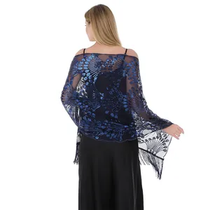 Detailed back view of navy blue sequin peacock pattern shawl with tassels for evening wear