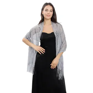 Women Lace Evening Shawl Elegant Floral Tassel Wrap Scarf Polyester Hollow Out Bridal Party Qipao Formal Shawl
