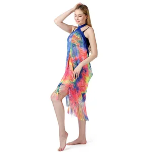 Bunter Batik-Strandwickelrock mit Regenbogenfarben und langen Fransen für Damen