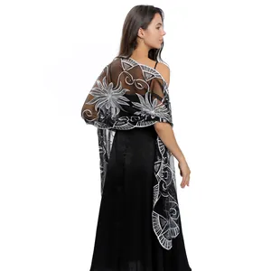 Detailed view of elegant black sequin embroidered shawl wrap for evening party gowns