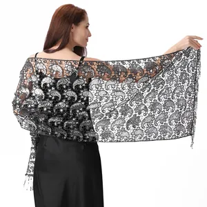 Elegant black lace shawl with silver sequins and paisley pattern for evening dresses