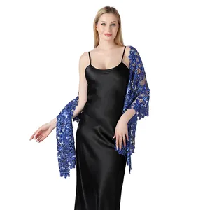 Sciarpa elegante ricamata floreale con paillettes blu reale per feste e abiti da sposa