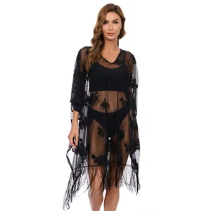 Women Sexy Lace Beach Cover Up Floral Embroidery Tassel Fringe Sheer Mesh Bikini Coverup Summer Boho V Neck Polyester Robe