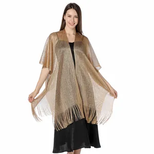 Glittery gold metallic shawl with elegant long fringe detailing for formal evening wear.