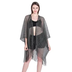 Sparkling metallic sheer shawl cover-up with fringe tassels for beach and pool vacations