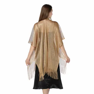 Back view of elegant gold metallic shawl with tassel fringe for evening dress outfits